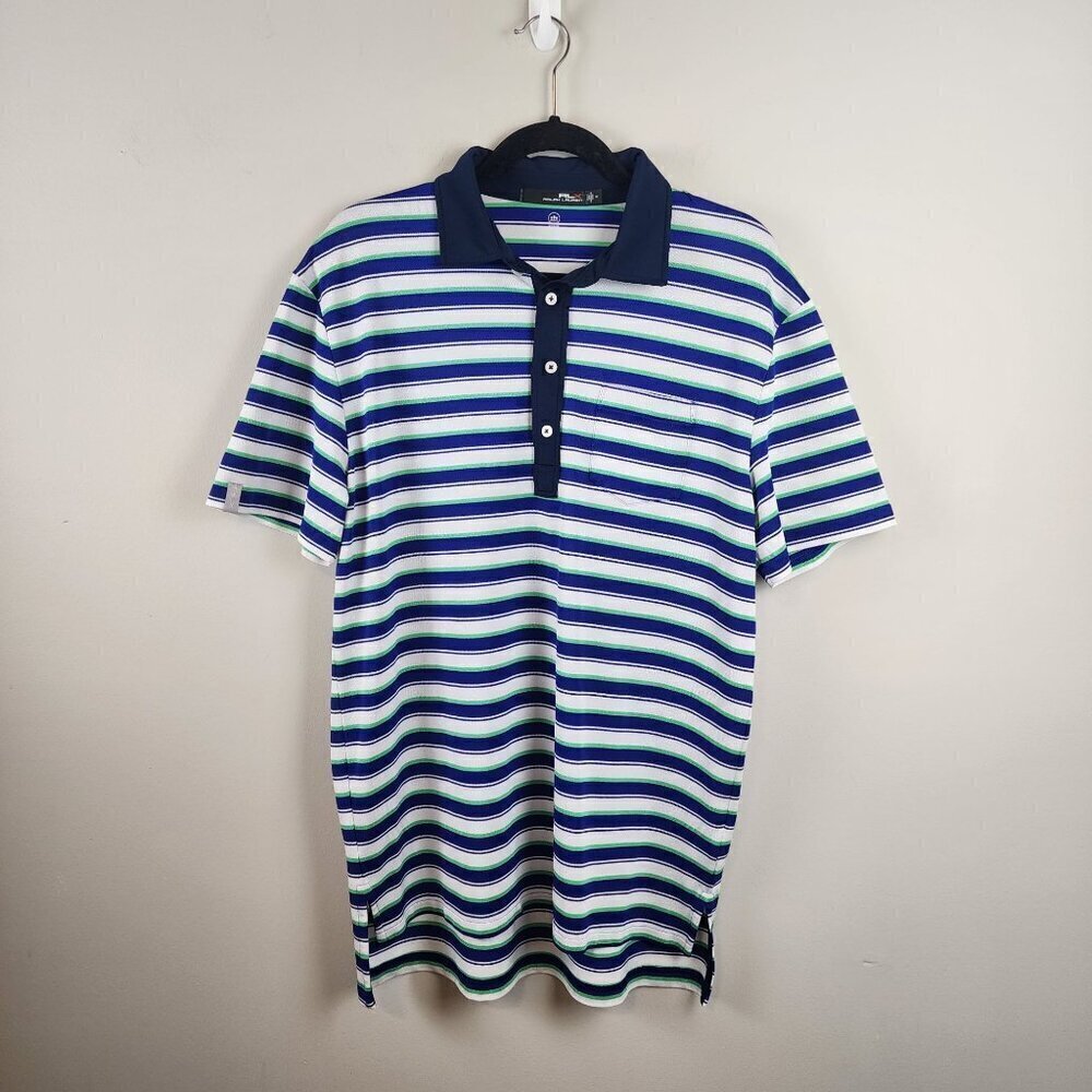 Ralph Lauren RLX Polo Golf Shirt Men's M Medium Blue Green Stripes Short Sleev